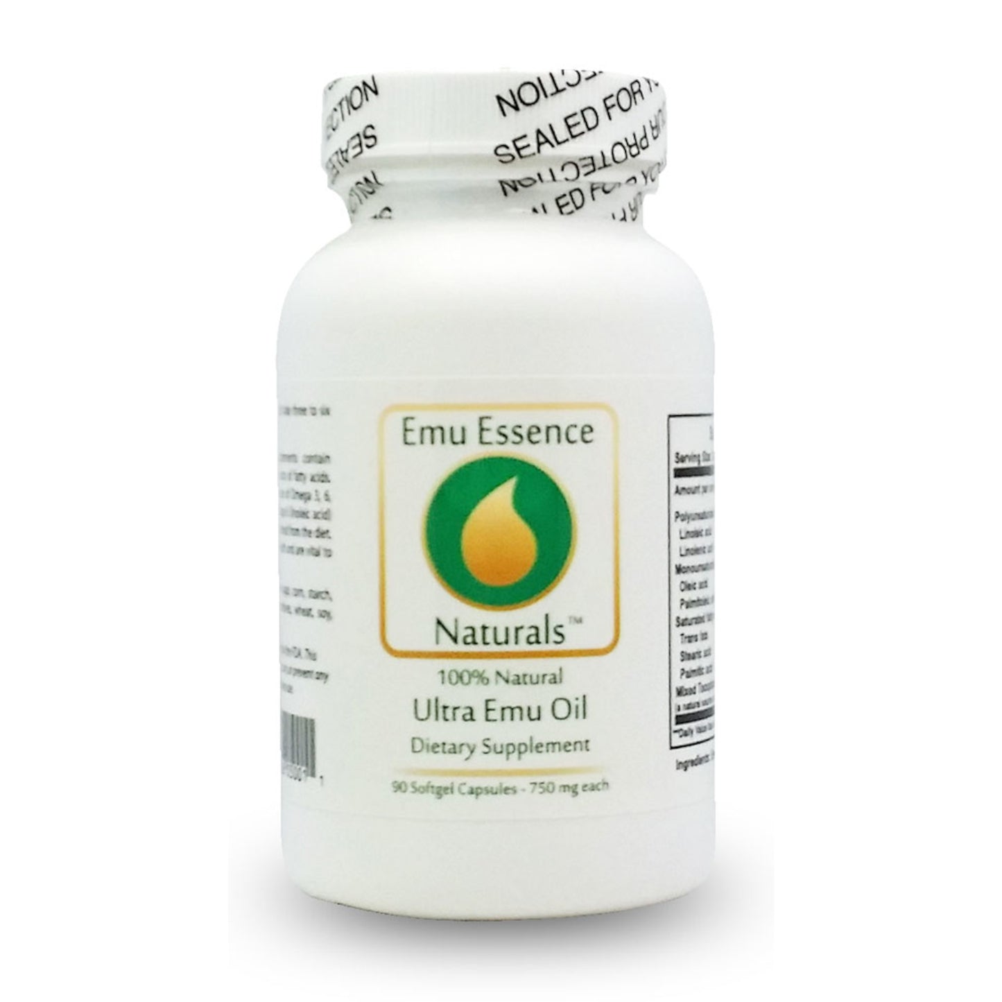 Emu Essence Naturals Ultra Emu Oil Gel Capsules 90 Count White bottle on White Background