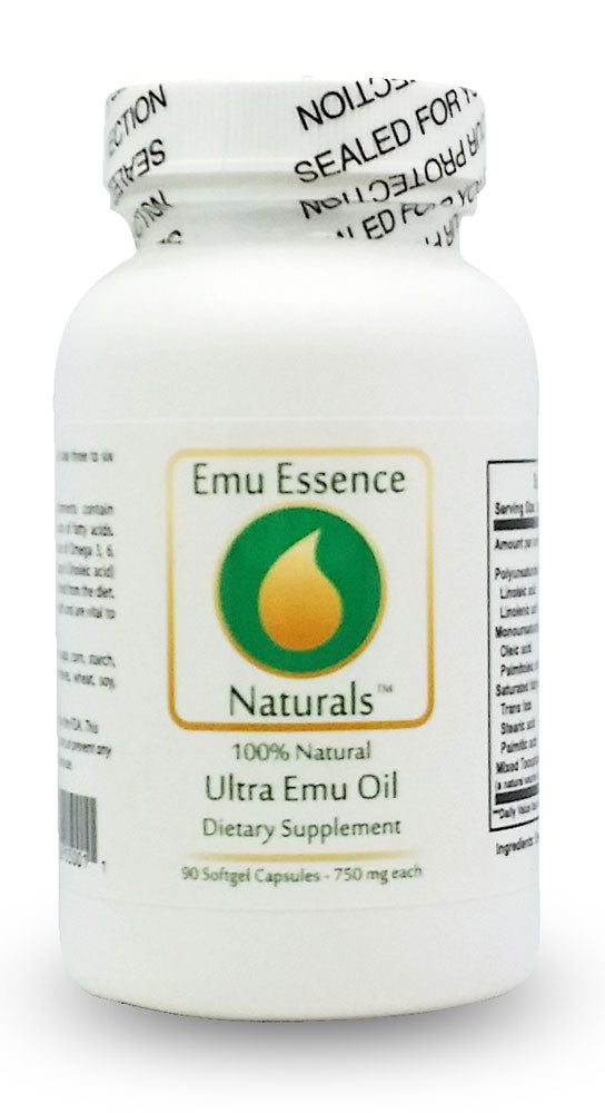 Emu Essence Naturals Ultra Emu Oil Gel Capsules 90 Count White bottle on White Background