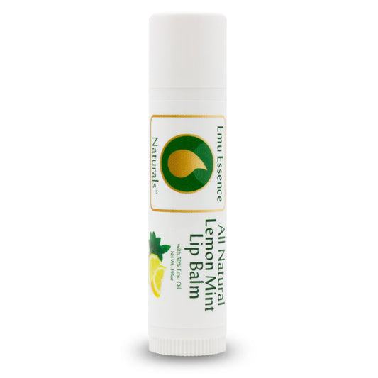 All Natural Lemon Mint Lip Balm by Emu Essence on a white background