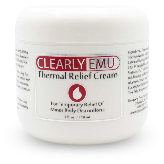 Jar of Clearly Emu Thermal Relief Cream on a white background