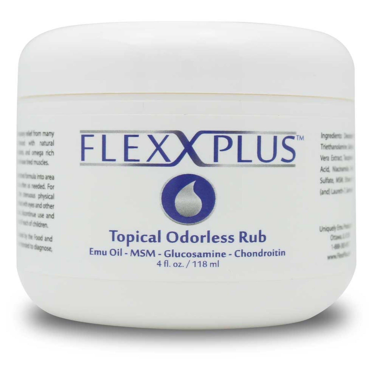 Jar of Flexx Plus Topical Odorless Rub on a white background