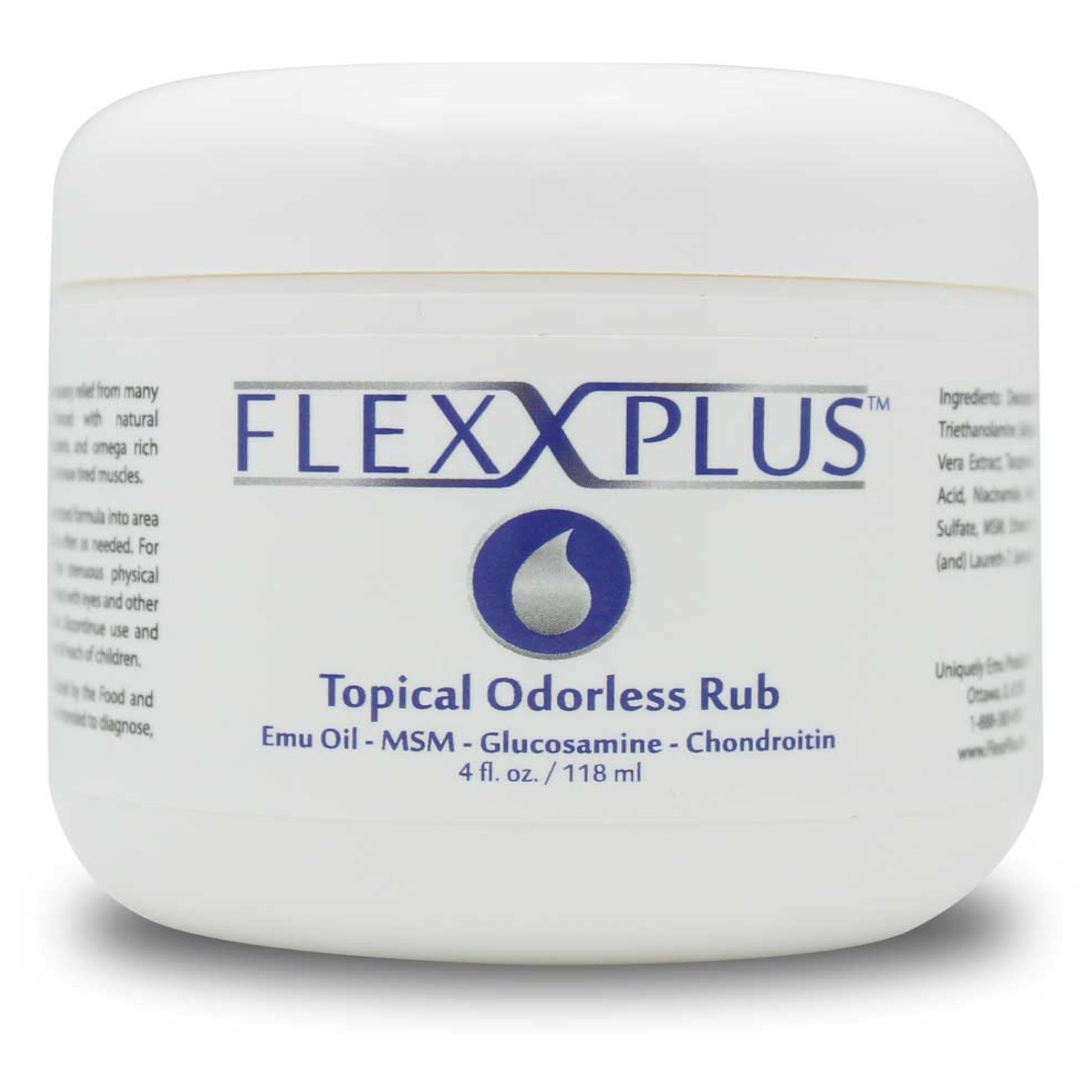 Jar of Flexx Plus Topical Odorless Rub on a white background