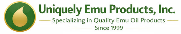 Logo of Uniquely Emu Products, Inc. with text Specializing in Quality Emu Oil Products Since 1999.