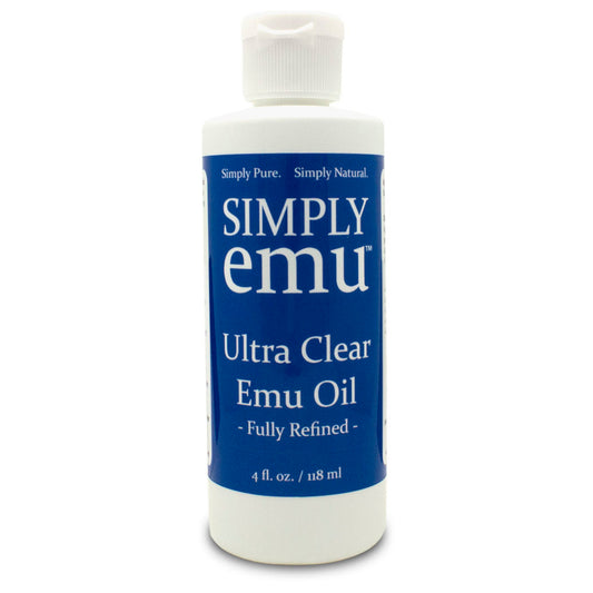 4oz Bottle of Simply Emu Ultra Clear Emu Oil on a white background