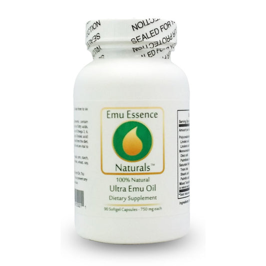 Emu Essence Naturals Ultra Emu Oil Gel Capsules 90 Count White bottle on White Background